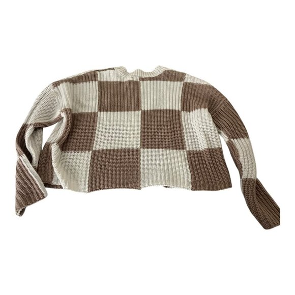 Moon & Madison Checkered Sweater XS Brown Cream Cropped Knit Pullover - Picture 2 of 5